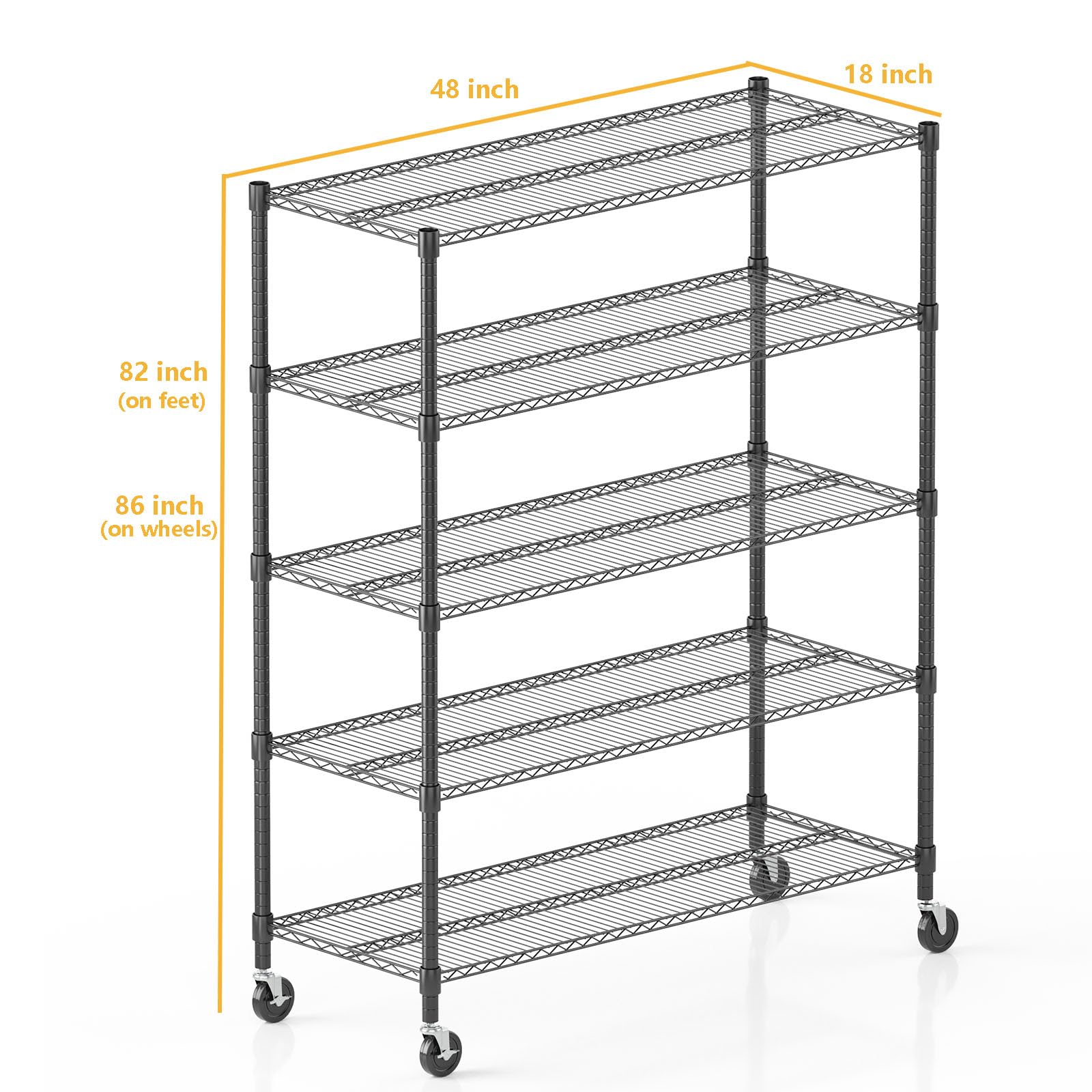 82" H Storage Shelves 5 Tier Metal Shelving Adjustable Wire Shelf with Wheels