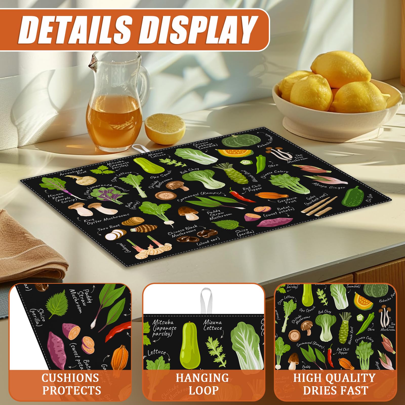 Vegetables Dish Drying Mat for Kitchen Counter Microfiber Absorbent Dish Kitchen Drying Mat Draining Reusable Washable for Dishes