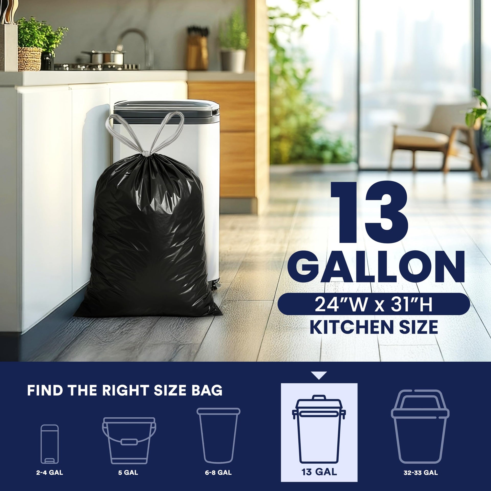 13 gallon Extra Tall Drawstring Kitchen Trash Bags (200 Count)