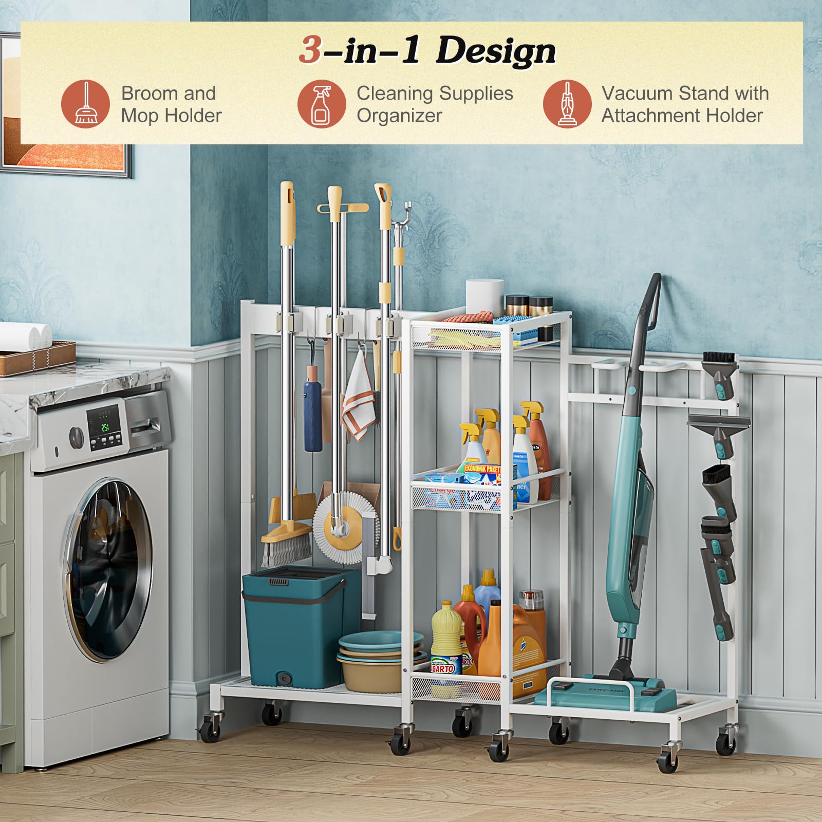 Broom Holder with Cleaning Supplies Organizer