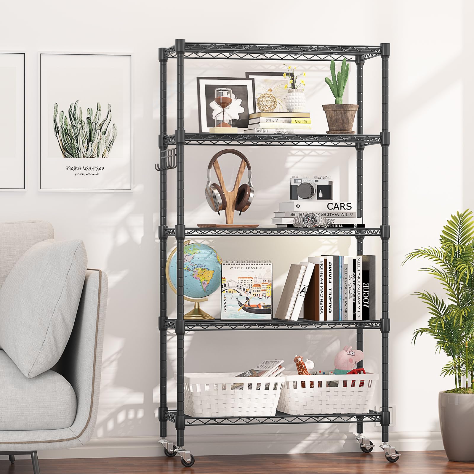 5 Tier Storage Shelf Wire Shelving Unit on Wheels Heavy Duty Metal Shelves Adjustable Steel Rack Organization for Kitchen Garage Basement (5 Count)