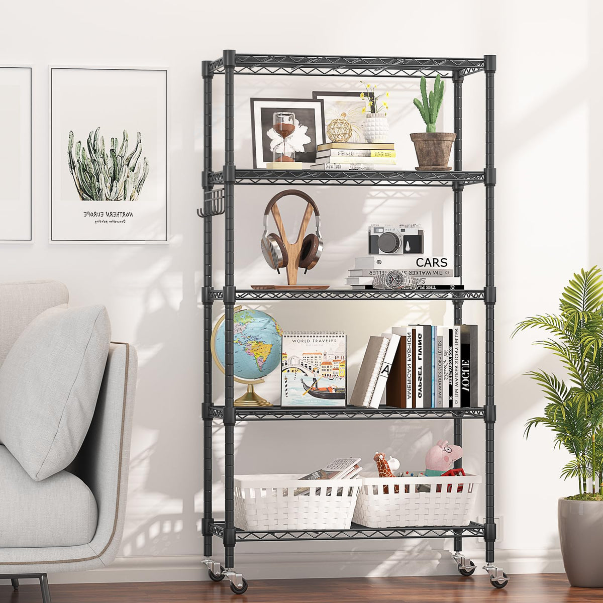 5 Tier Storage Shelf Wire Shelving Unit on Wheels Heavy Duty Metal Shelves Adjustable Steel Rack Organization for Kitchen Garage Basement (5 Count)
