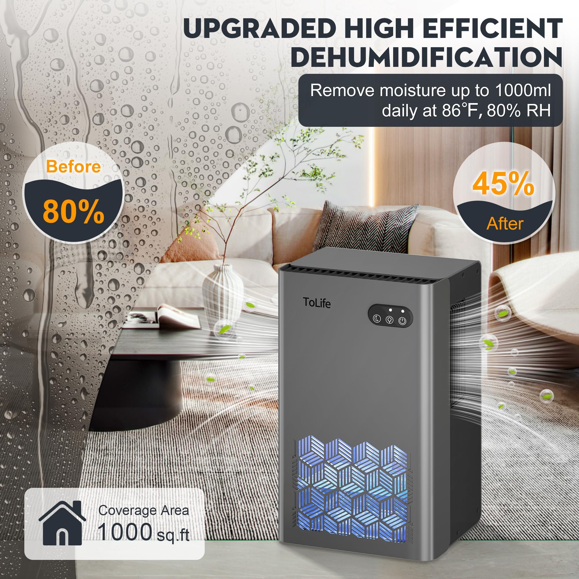 Dehumidifier 1000 Sq Ft 95 oz Tank with Sleep Mode