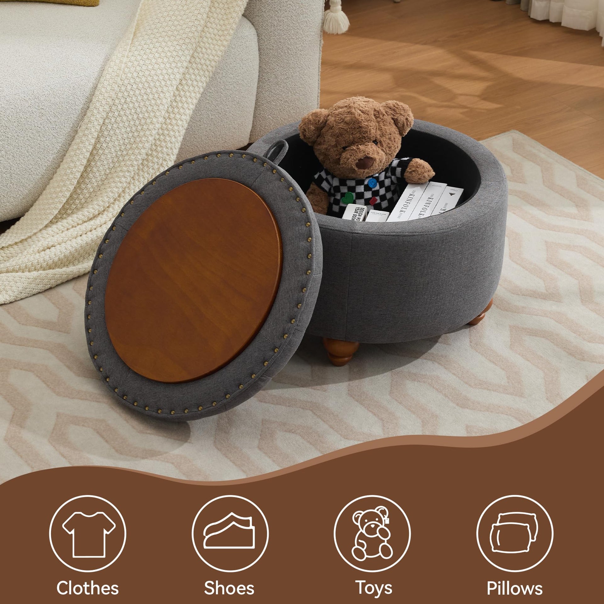 24Inch Round Storage Ottoman with Tray