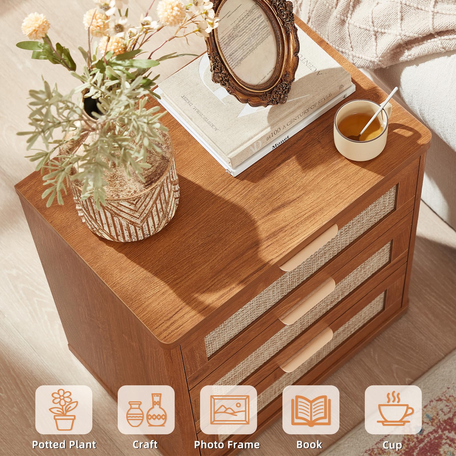 Rattan 23" Nightstands Set of 2 with Drawers for Bedroom (2 Count)