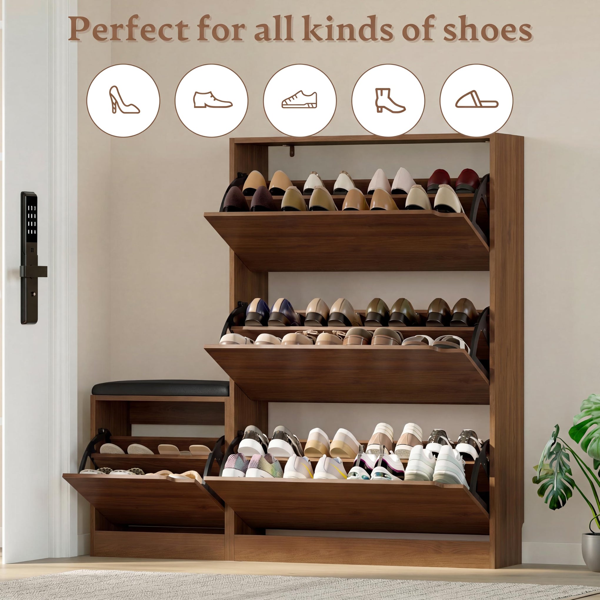 Shoe Cabinet with Bench and 3 Flip Drawers