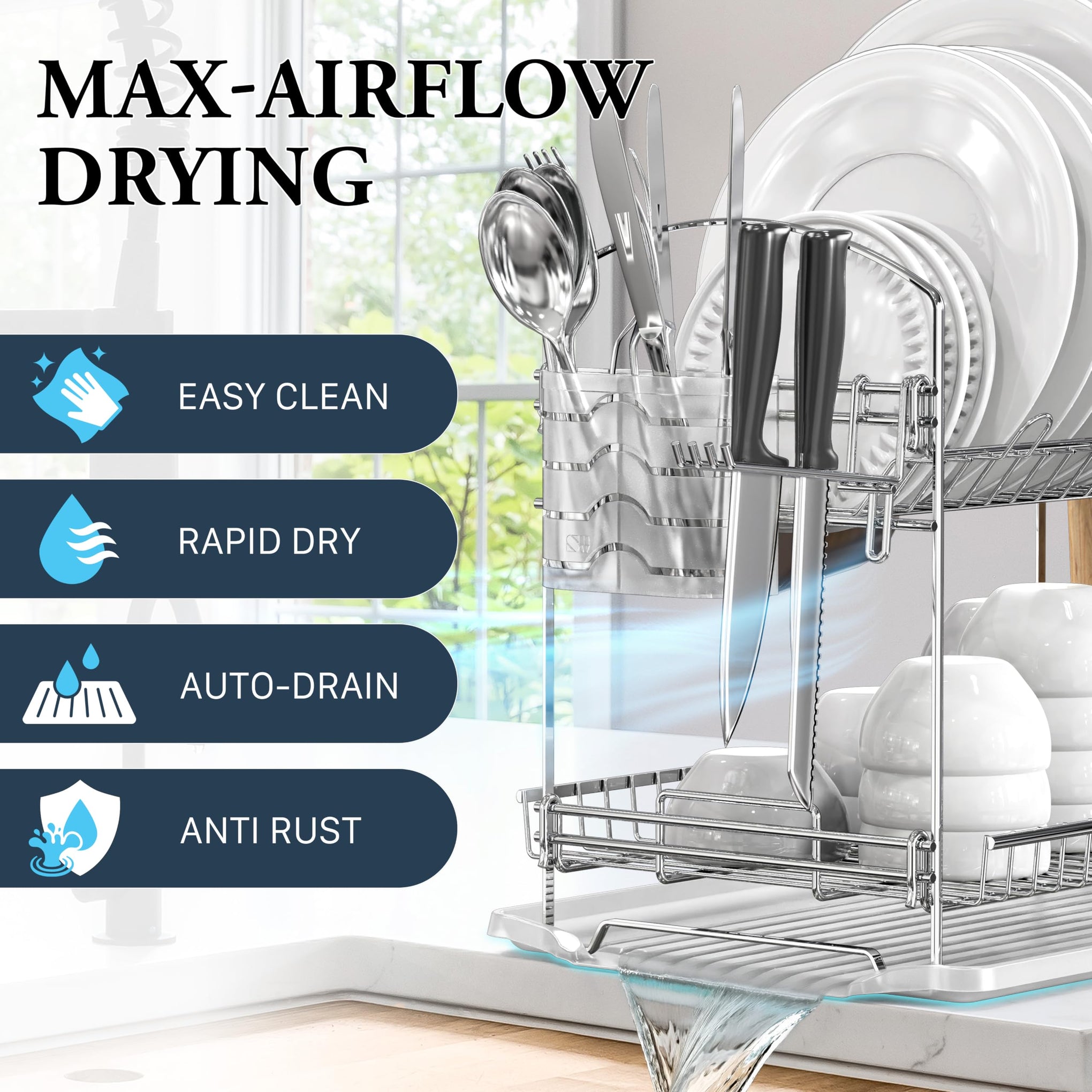 2 Tier Stainless Steel Dish Rack with Drainboard