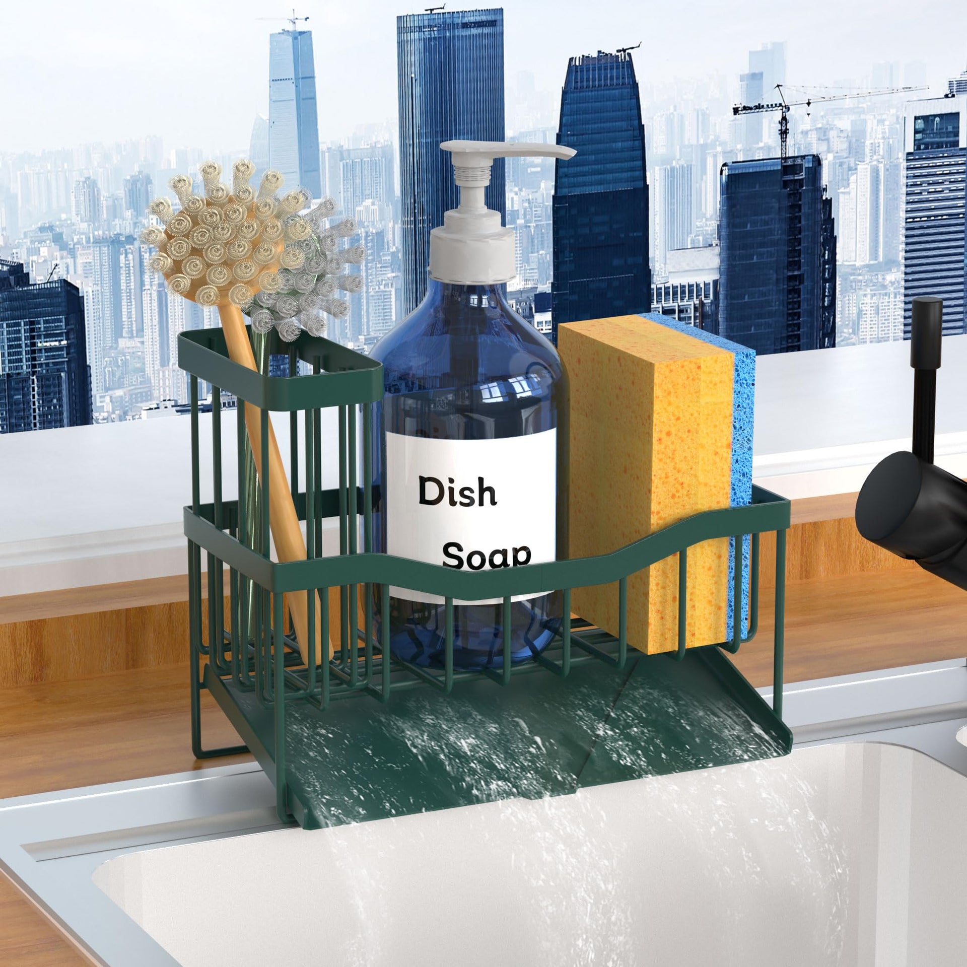 Maifan Sink Caddy Sponge Holder for Kitchen with Brush Holder and Stainless Steel Self Drain Tray