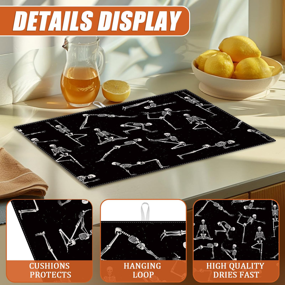 Funny Skull Yoga Dish Drying Mat for Kitchen Counter Microfiber Absorbent Dish Kitchen Drying Mat Draining Reusable Washable for Dishes