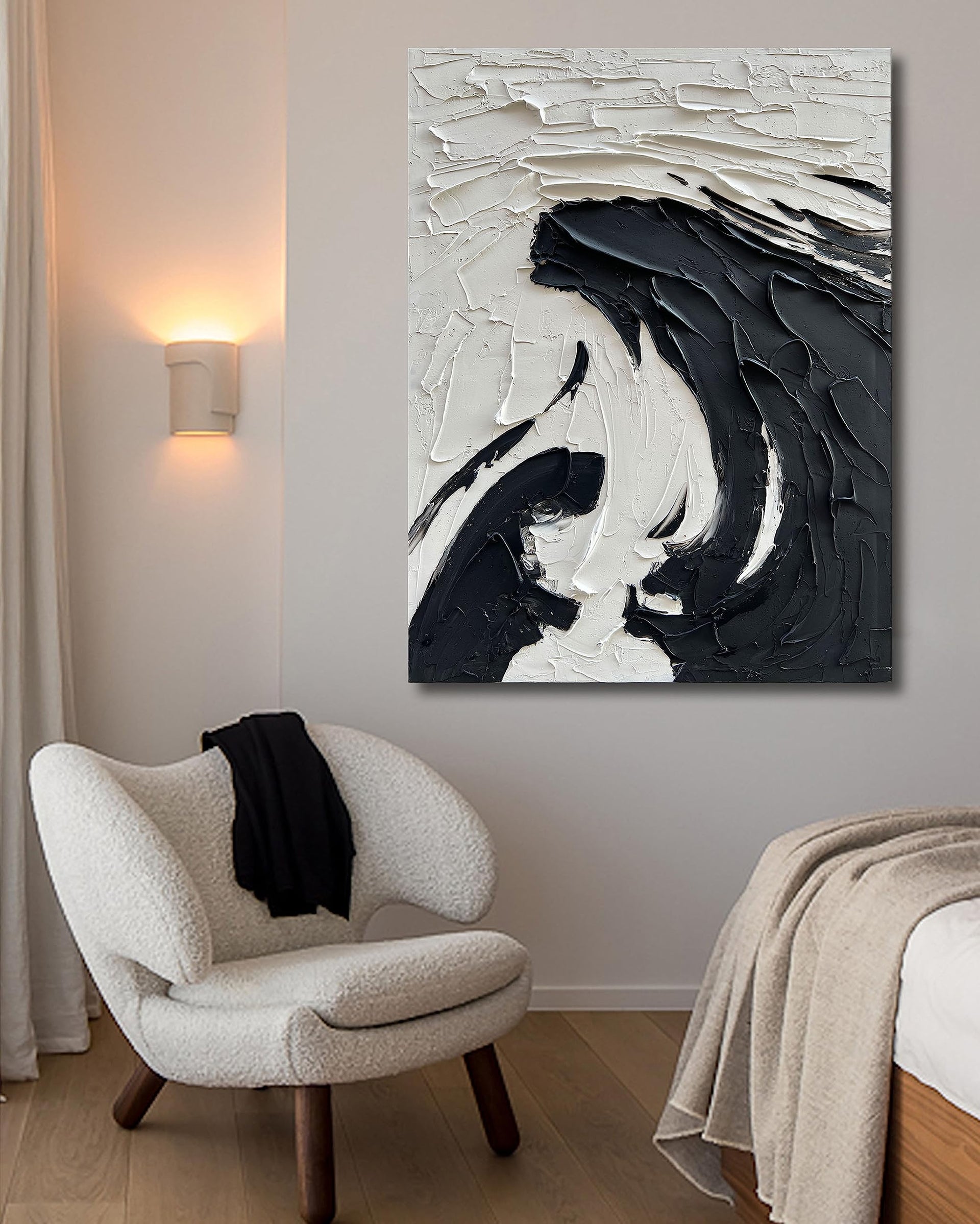 40x28 inch Minimalist Black and White Abstract Painting 100% Hand