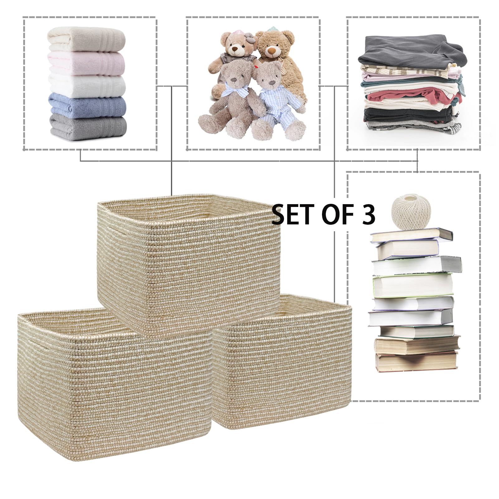3PACK Cotton Rope Square Basket with Handles for Shelves (3 Count)
