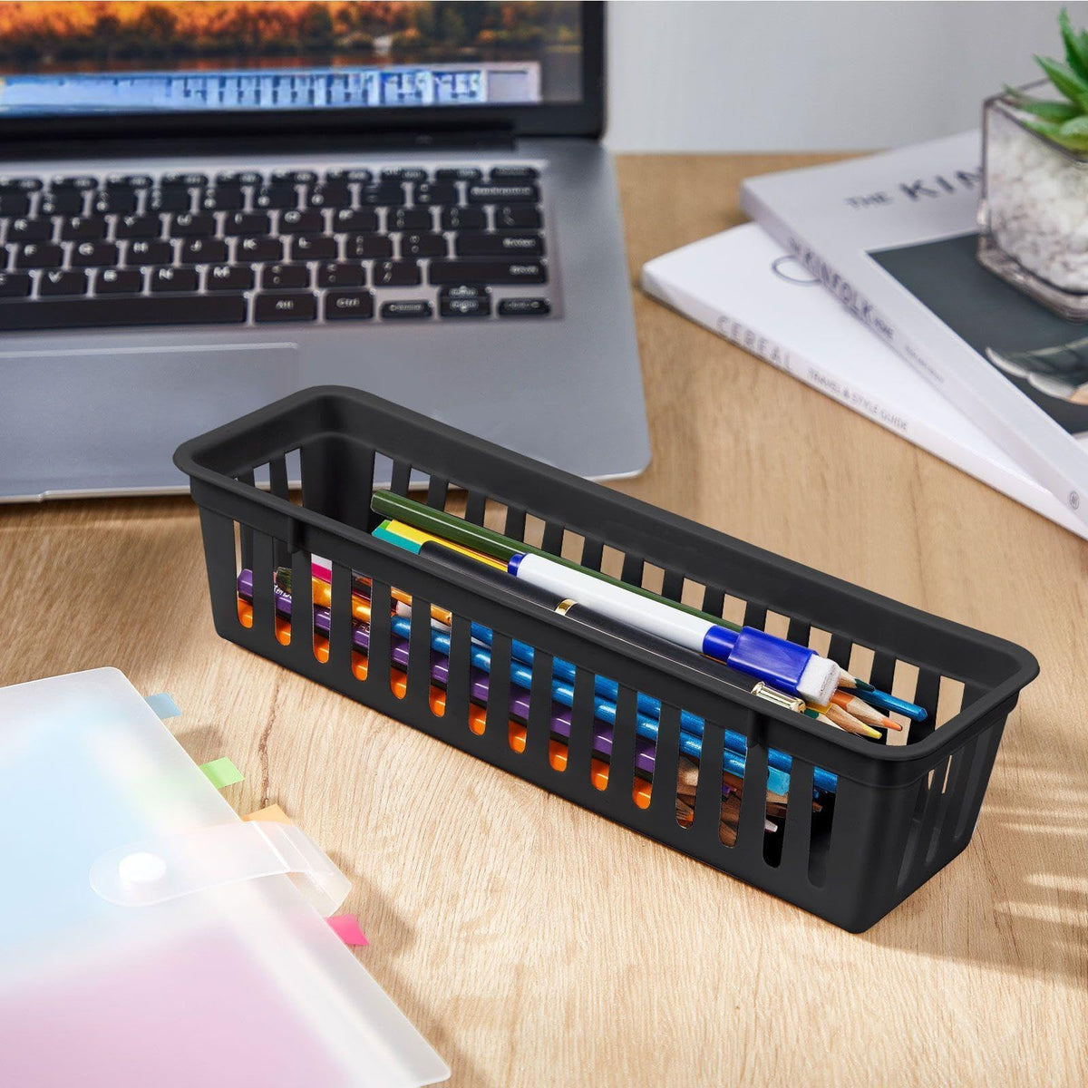 12 Pack Slim Plastic Storage Baskets Tray for Organizing 10.25x3.25x2.5 Inch Small Narrow Storage Bins Stackable Drawer Pencil Trays Holder for Desk Garage Cabinet Container (12 Count)