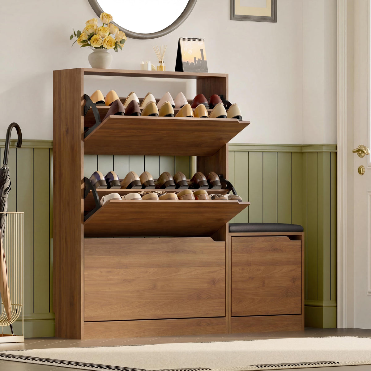 Shoe Cabinet with Bench and 3 Flip Drawers