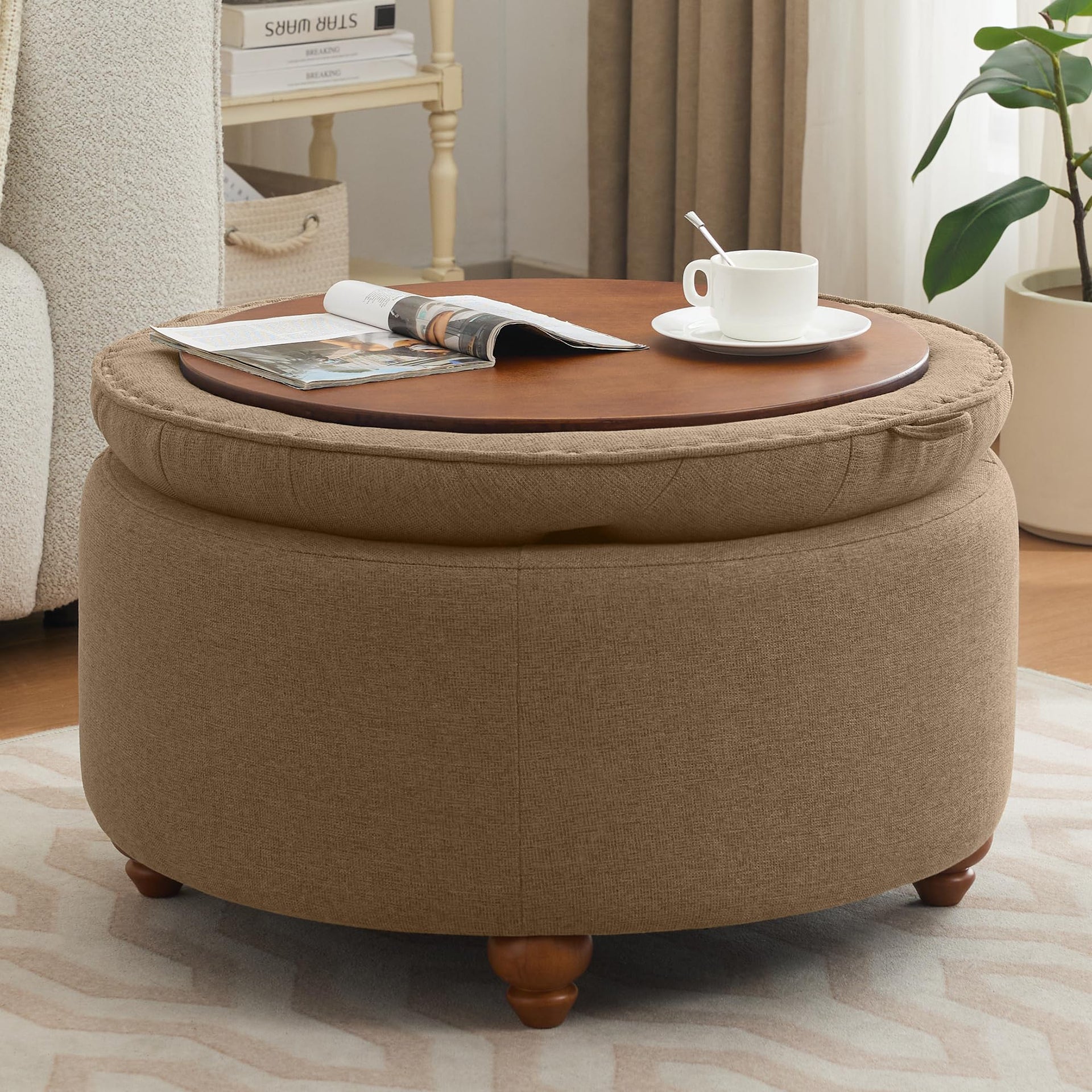 30Inch Round Storage Ottoman with Tray