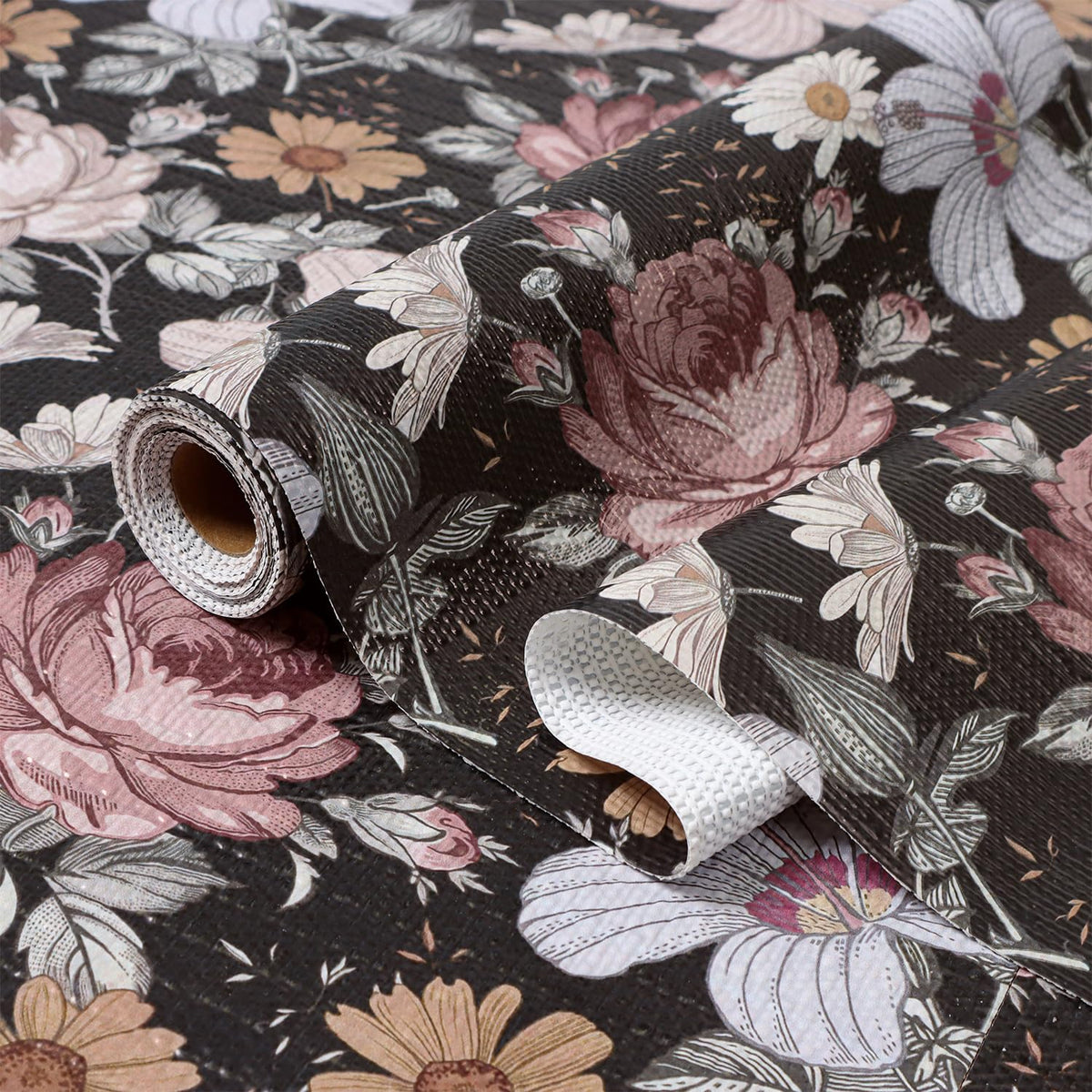 Black Retro Floral Shelf Drawer Liner for Kitchen 16IN x 10FT (12.96 Sq Ft)