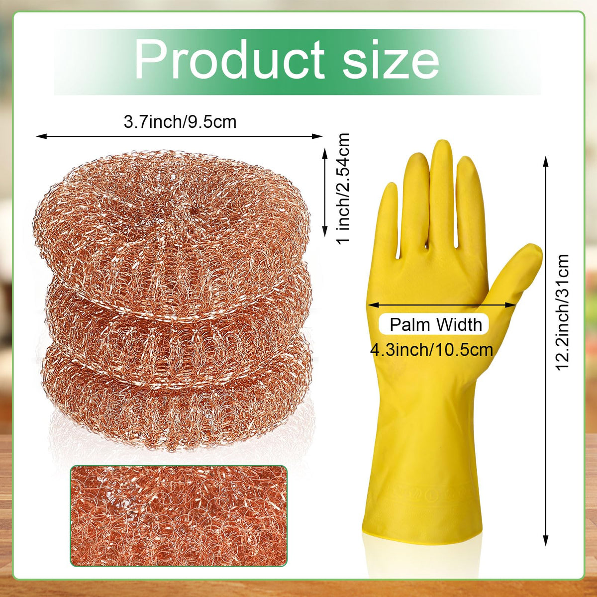 50 Pack Copper Coated Scourers Rust Resistant Scrubbing Scouring Pad with 1 Pair of Rubber Household Cleaning Gloves Heavy Duty Copper Mesh Scourer for Dishes