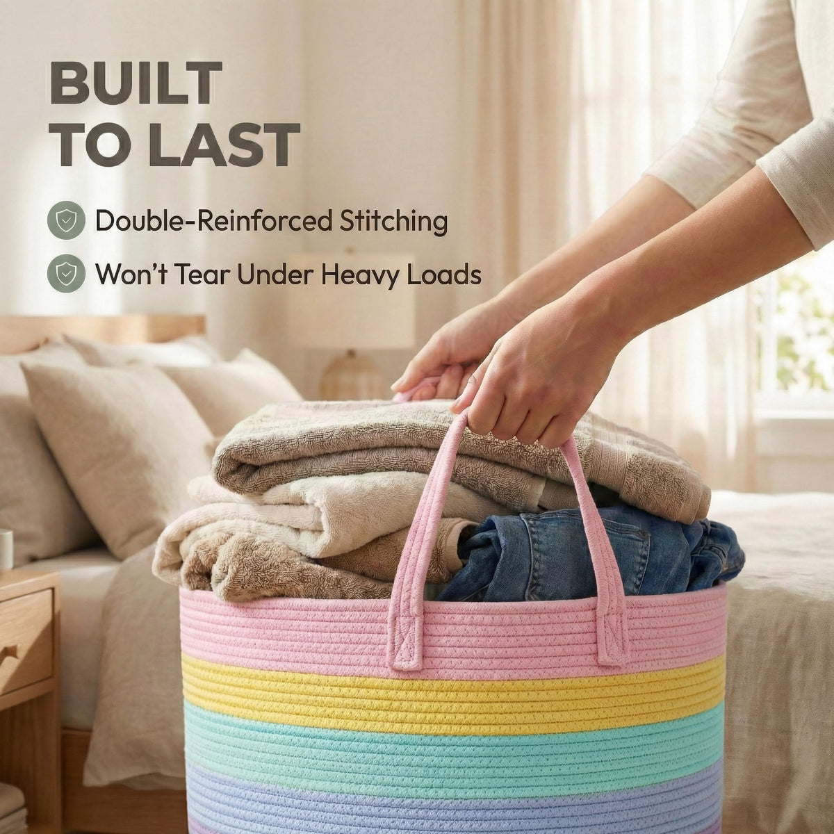 65L Extra Large Machine Washable Cotton Rope Blanket Basket