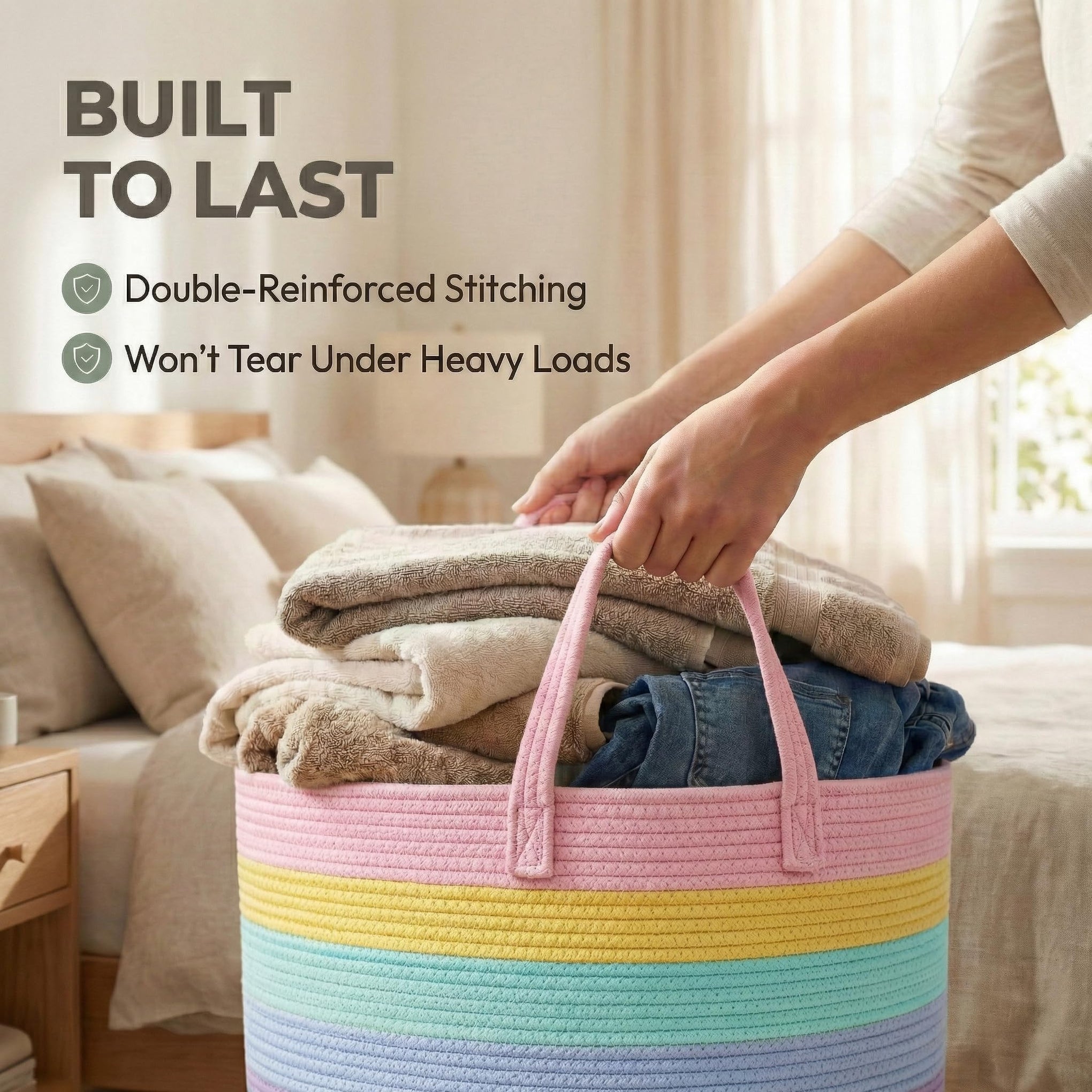 65L Extra Large Machine Washable Cotton Rope Blanket Basket