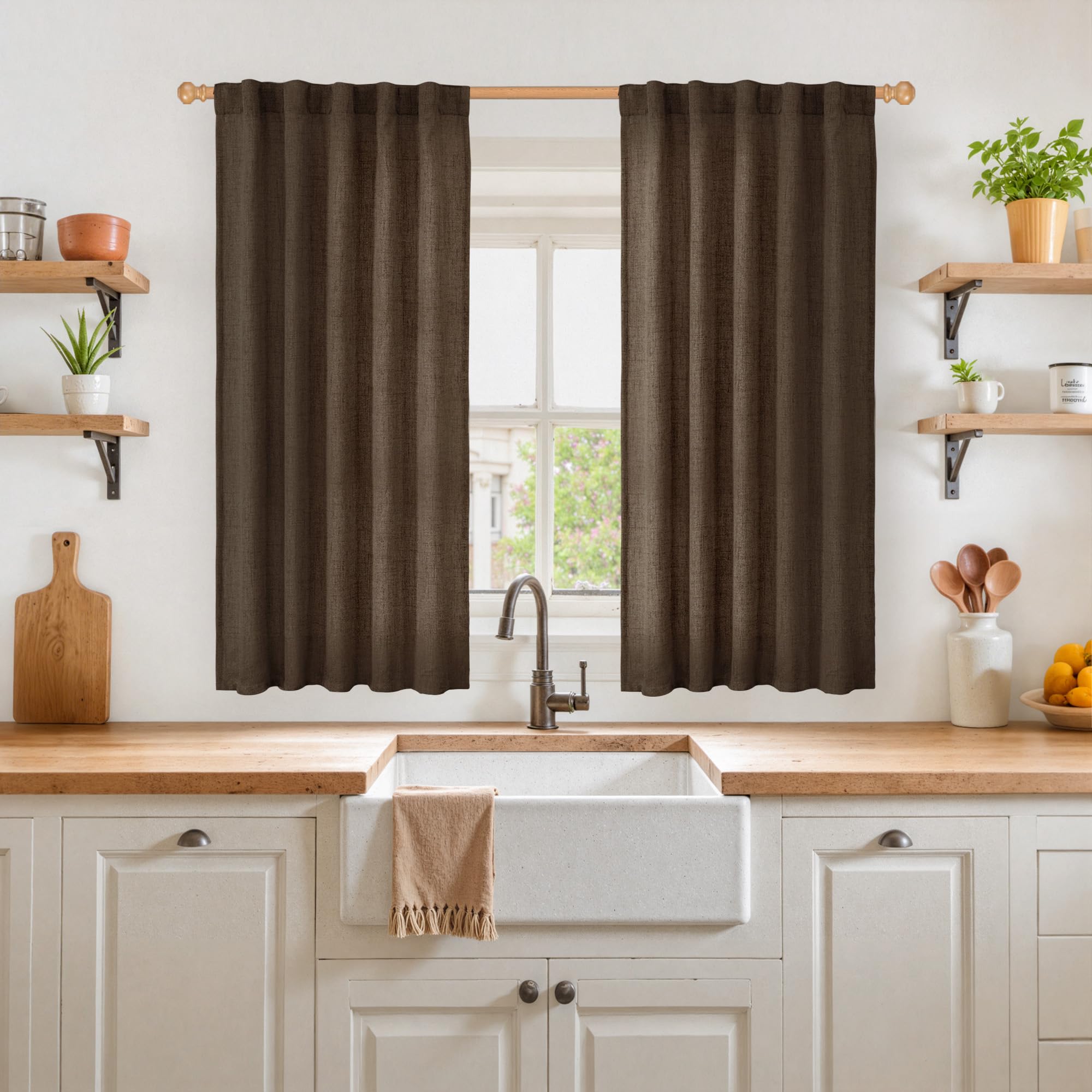 Brown Linen Curtains 45 Inches Long for Short Window (2 Count)