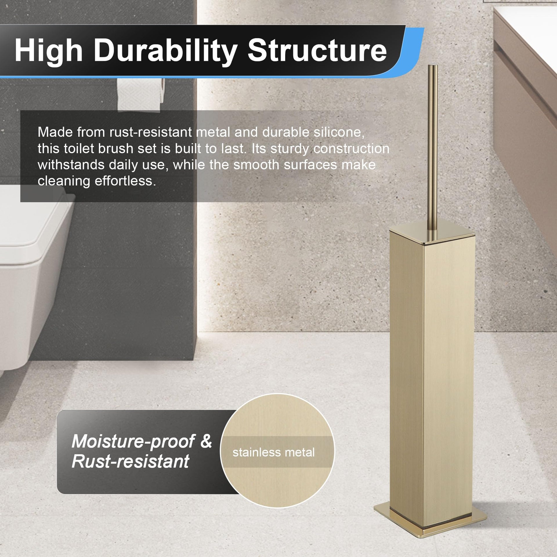 Toilet Brush and Holder Set Brushed Gold Stainless Steel 304 Square Freestanding Toilet Brush for Bathroom