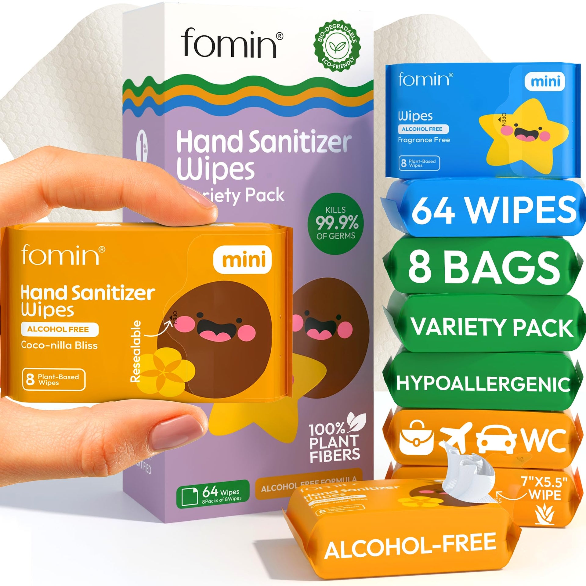 Mini Hand Sanitizer Wipes Travel Size 8 Pack (64 Count)