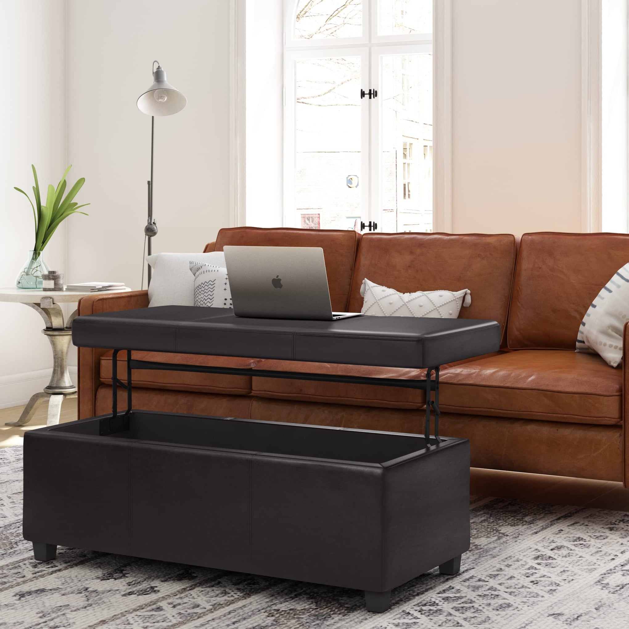 Avalon 44" Wide Vegan Leather Storage Ottoman in Tanners Brown