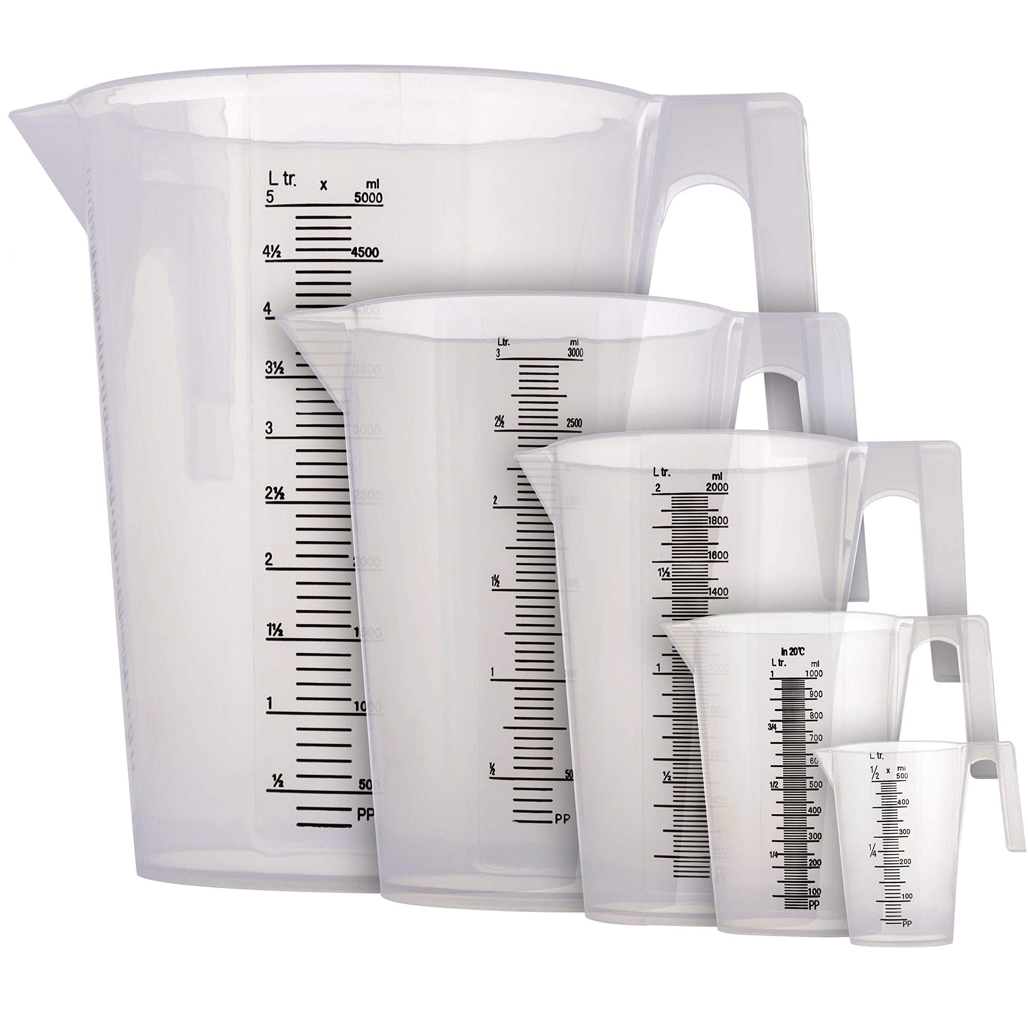 5 Piece Set of Plastic Graduated Measuring and Mixing Pitchers