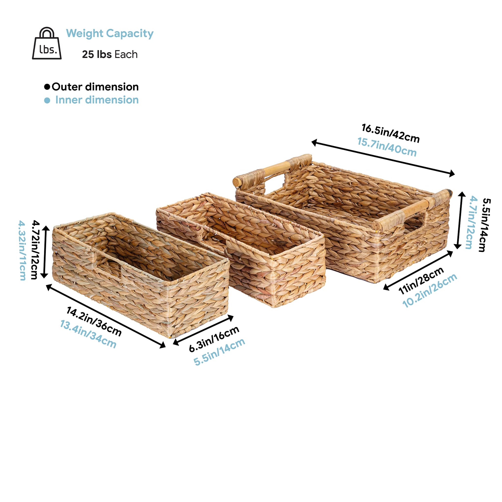 Large Water Hyacinth Storage Baskets for Organizing with Wooden Handles for Shelves (3 Count)