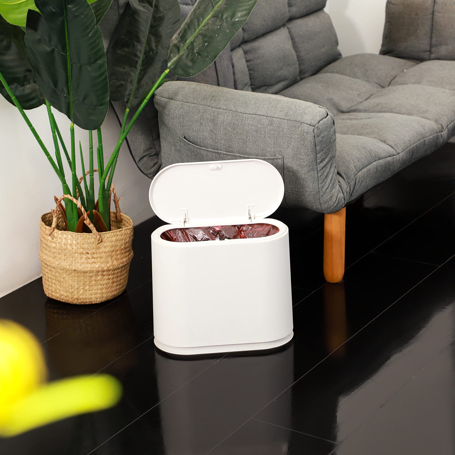 White Slim Bathroom Trash Can with Press Top Lid