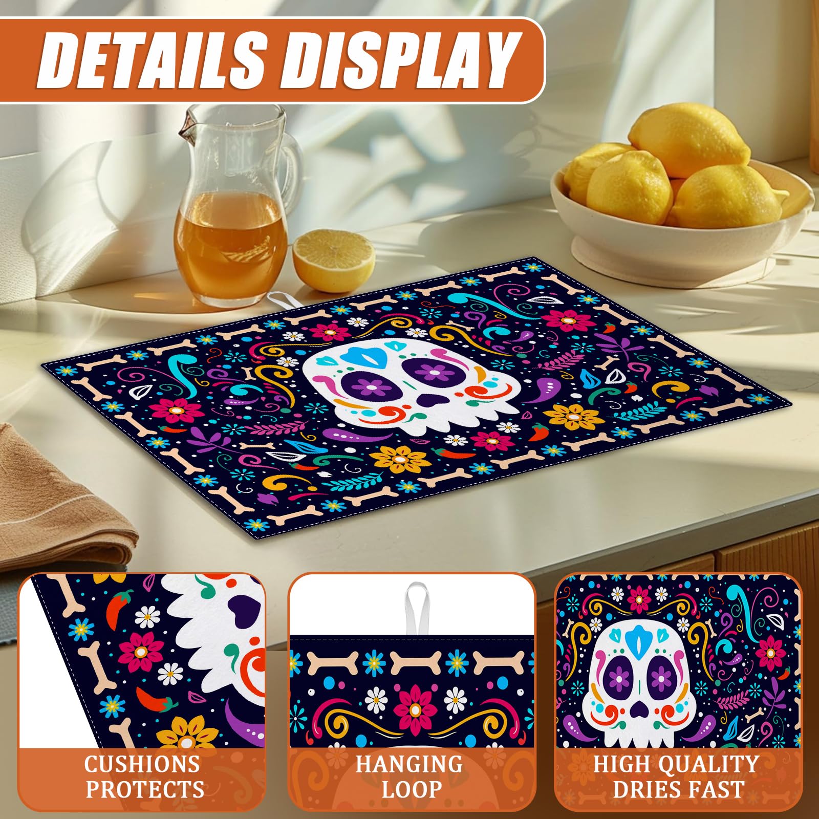 Sugar Skull Dish Drying Mat for Kitchen Counter Microfiber Absorbent Dish Day of the Dead Kitchen Drying Mat Draining Reusable Washable for Dishes