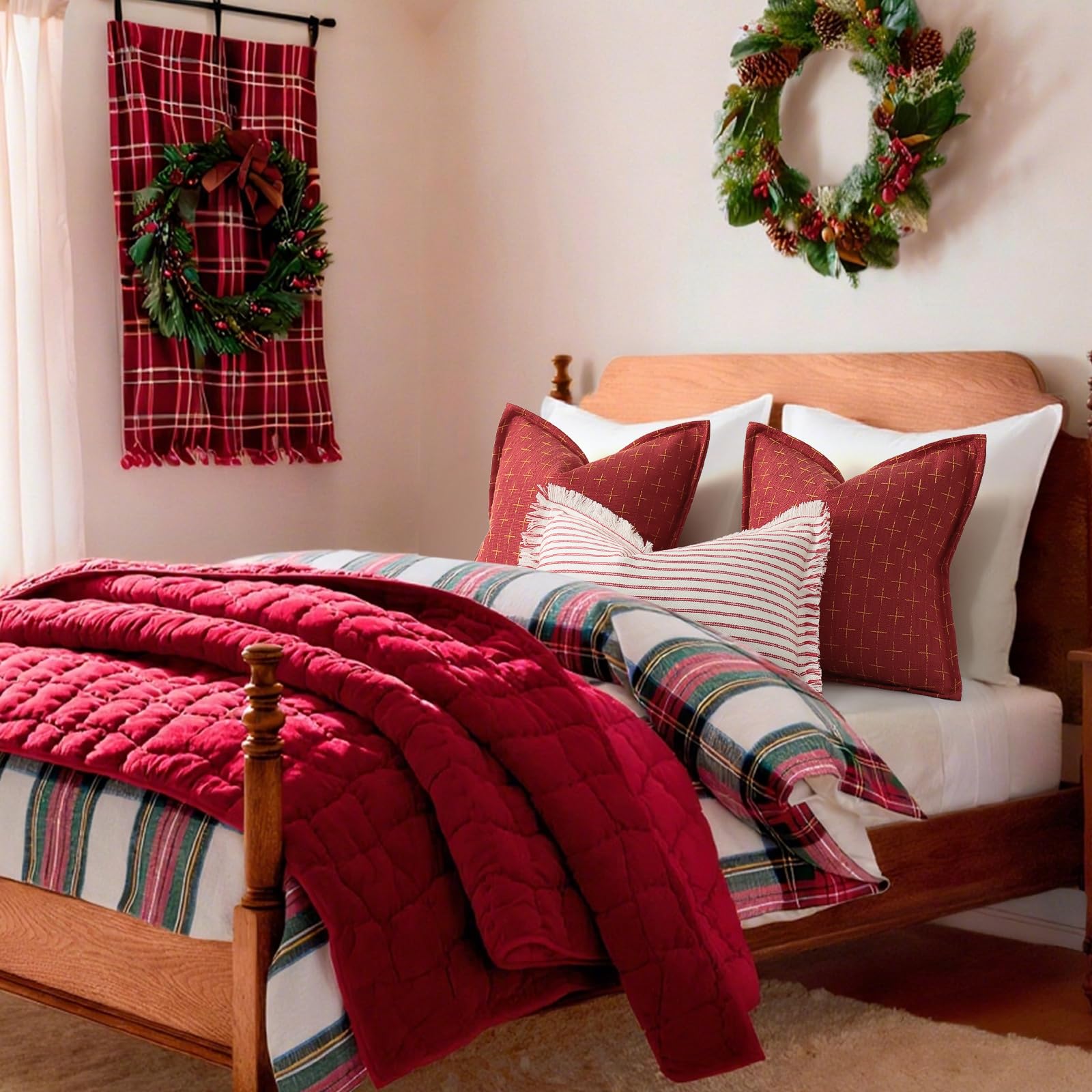 Christmas Pillow Covers 26x26 Set of 2 Soft Polyester Textured Red Pillows with Stylish Flange Edge Cozy Farmhouse Christmas Decor for Couch Bed Sofa Living Room (2 Count)