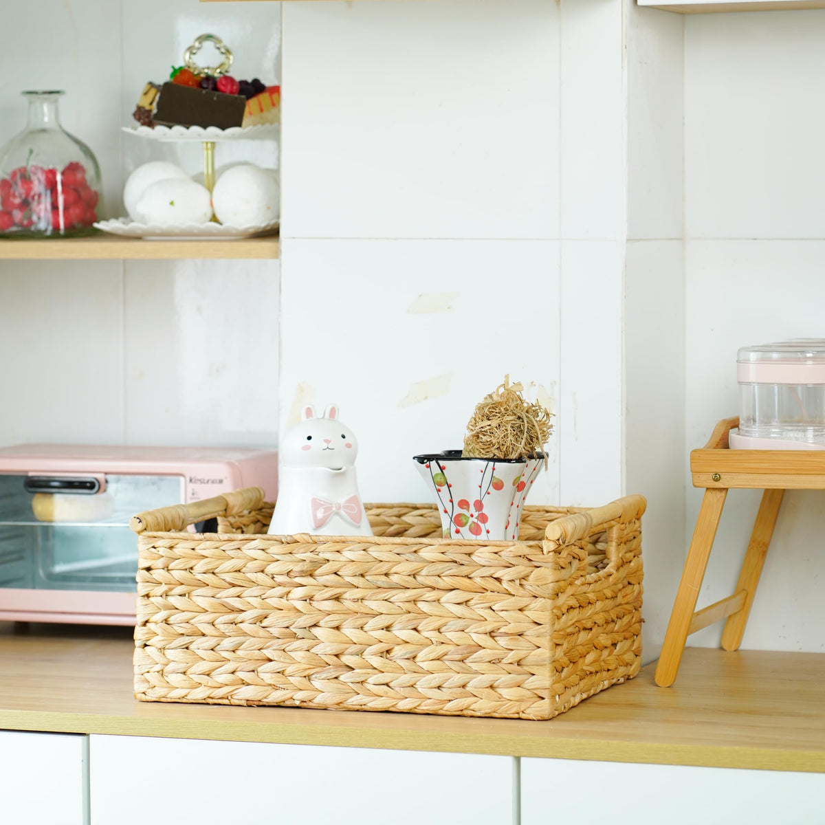Extra Large Wicker Basket Rectangular with Wooden Handles for Shelves