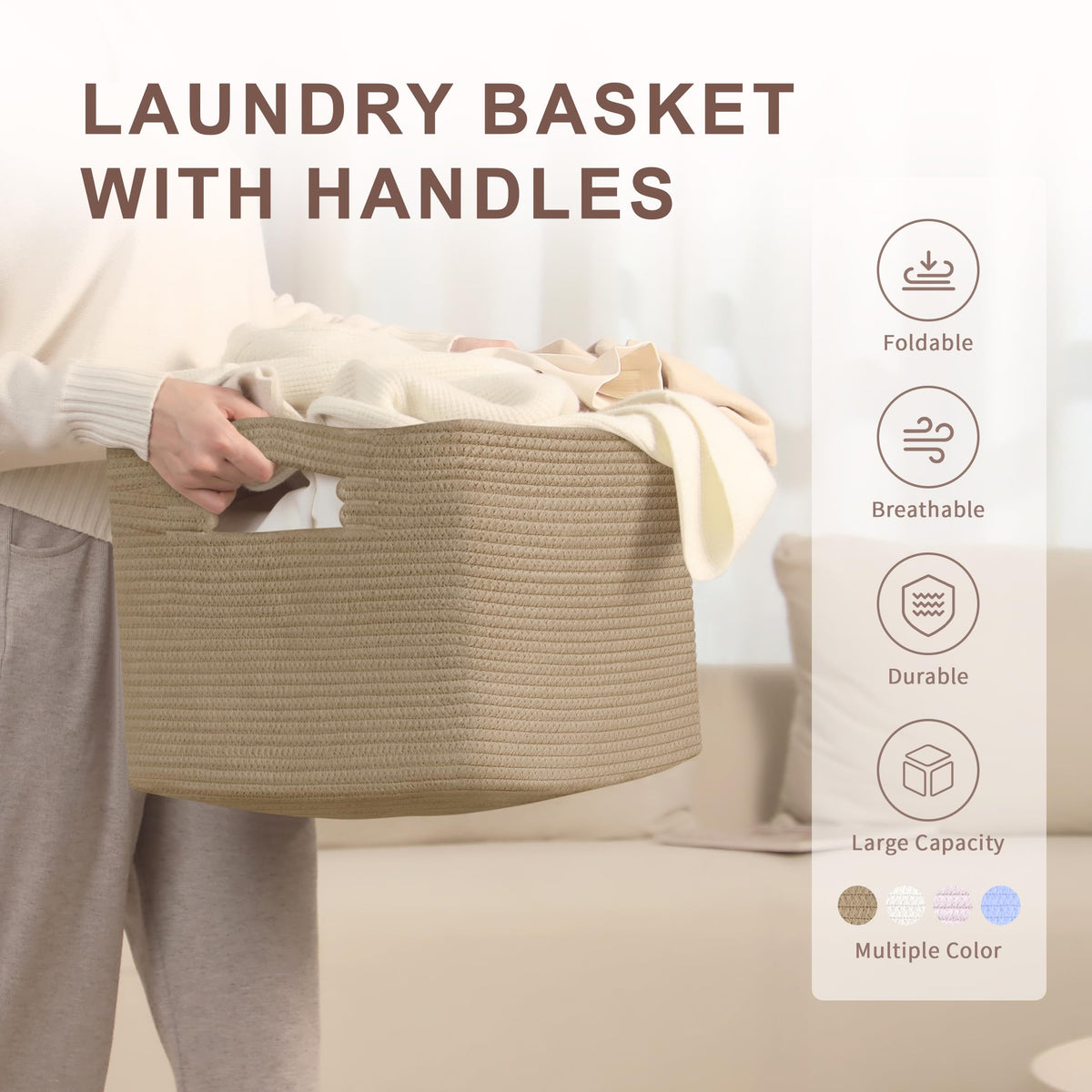 45L Small Woven Laundry Basket Hamper with Handles