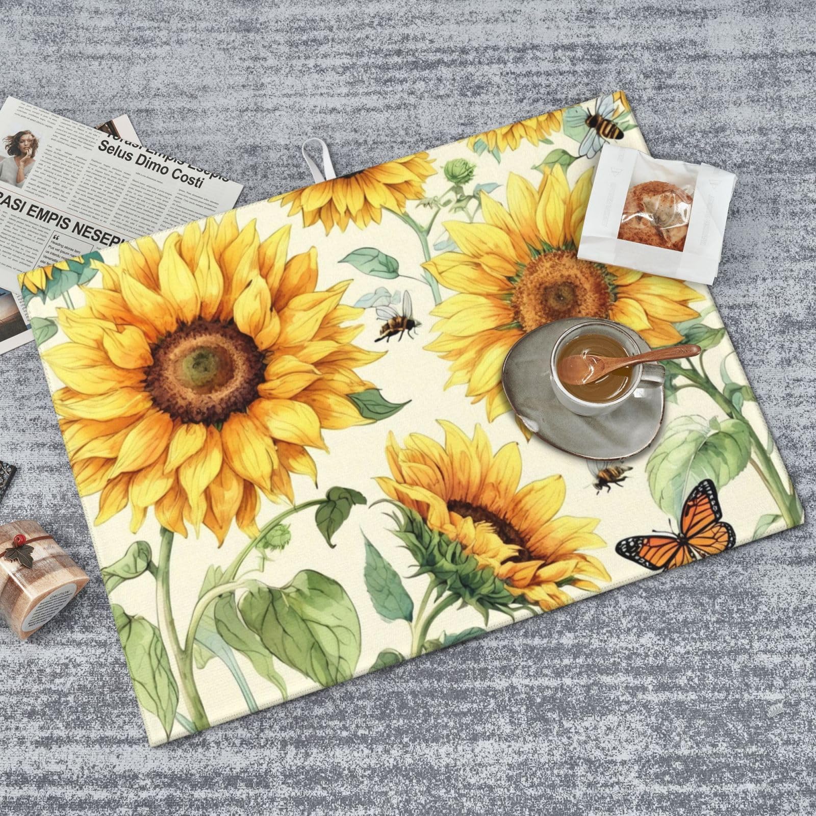 Sunflower Dish Drying Mat Highly Absorbent Double