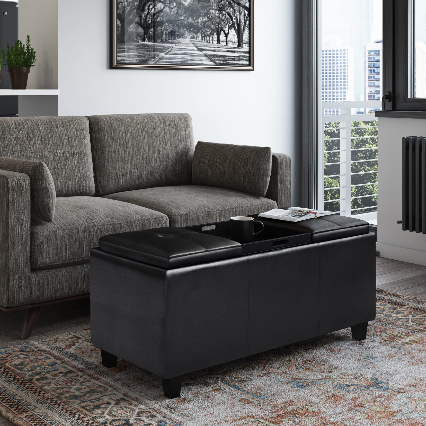 Avalon 42 inch Wide Contemporary Rectangle Tray Storage Ottoman with Lift Up Lids in Midnight Black Vegan Faux Leather