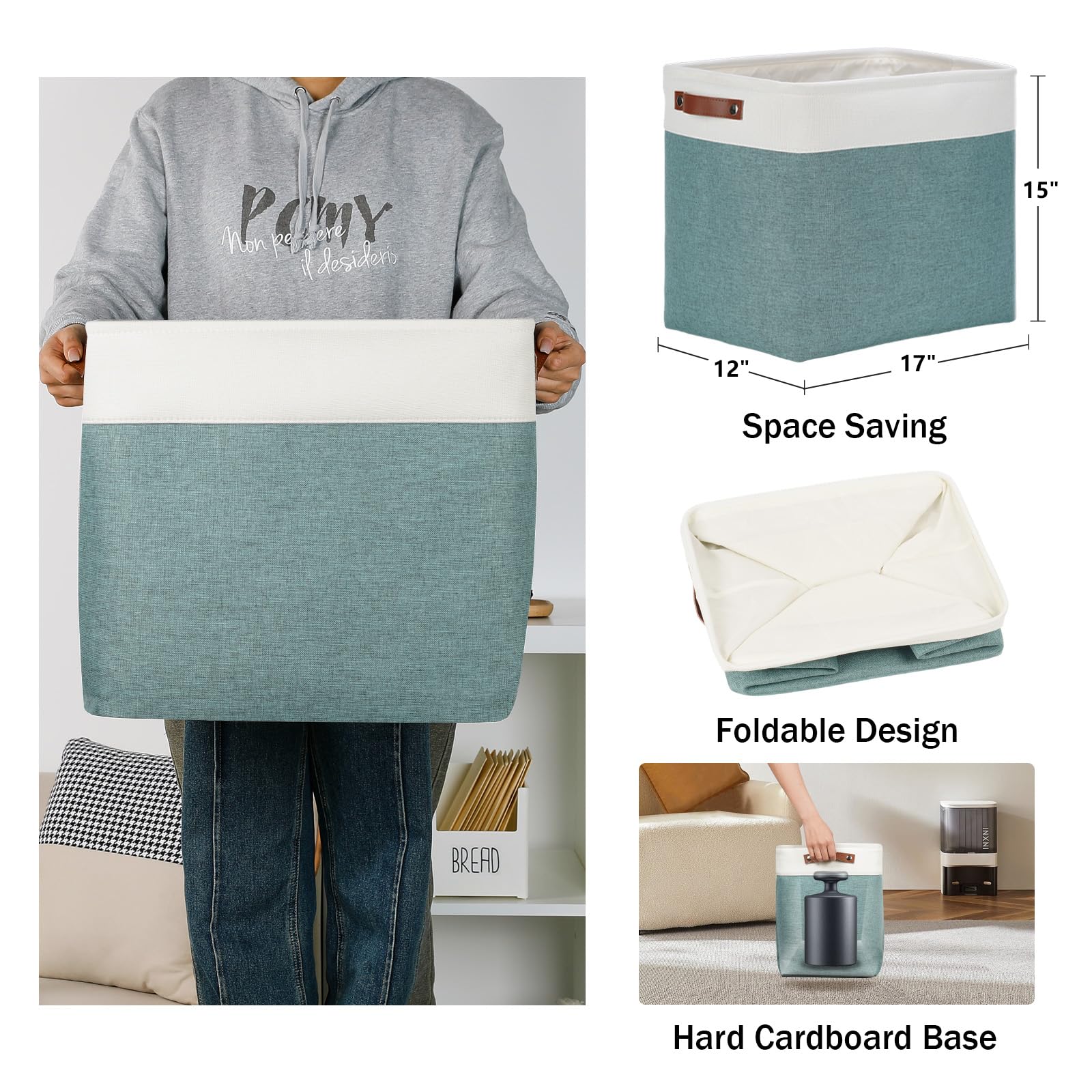 Large Rectangular Baskets for Blankets 51L Canvas Storage Baskets for Organizing 3 Pack Collapsible Baskets Bins for Organizing Home Office with Handles (3 Count)