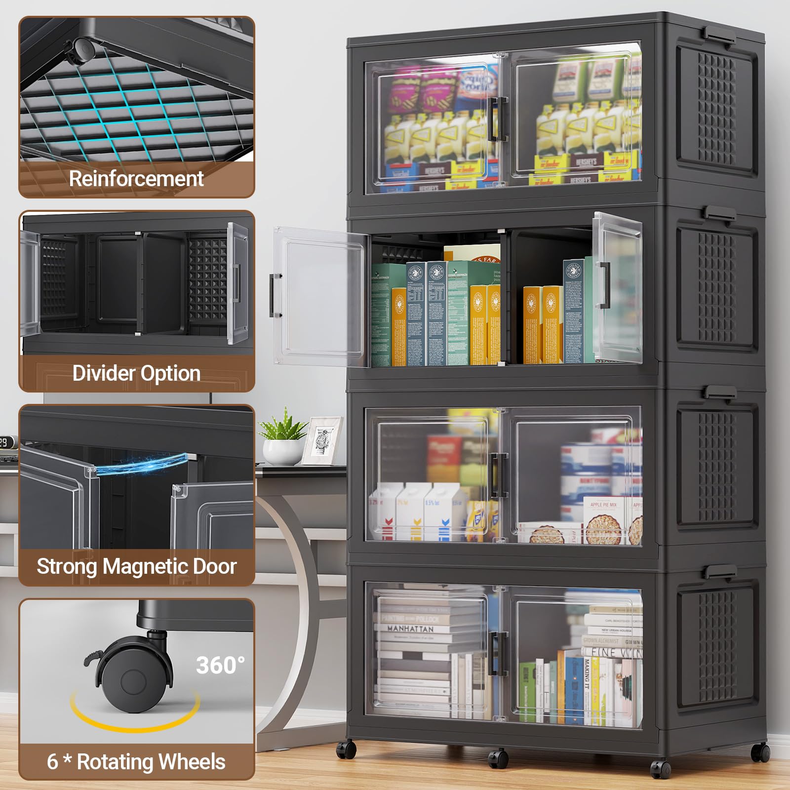 150Gal XL Stackable Storage Bins Foldable Box Cabinet for Home 3Pack Black (3 Count)