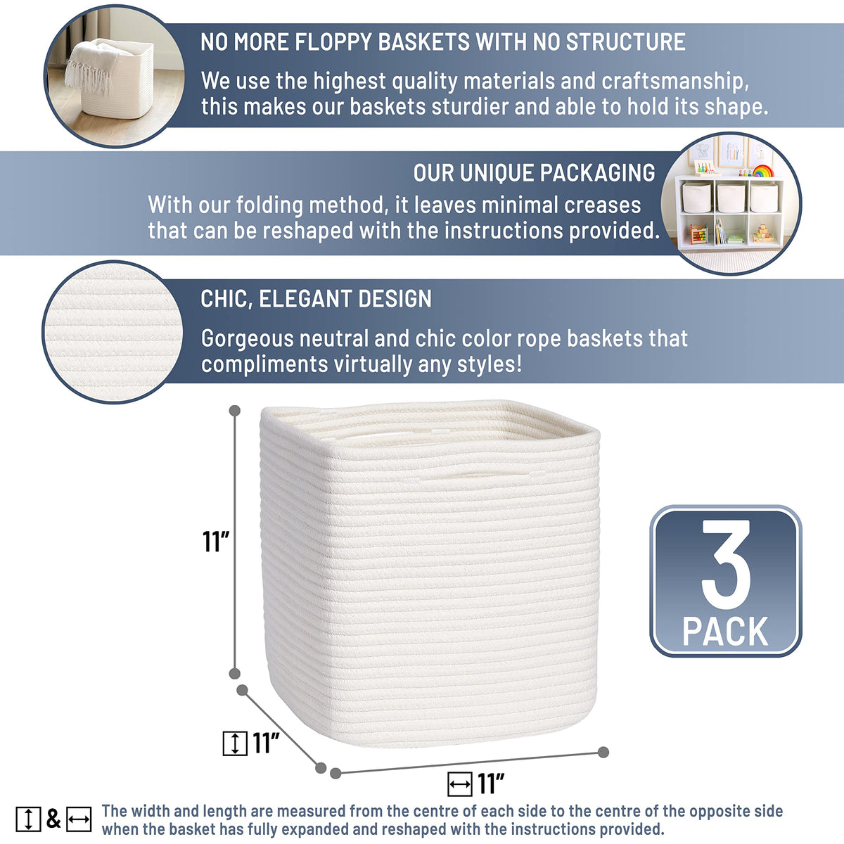 Storage Cubes 11 Inch Cotton Rope Woven Baskets for Organizing (3 Count)