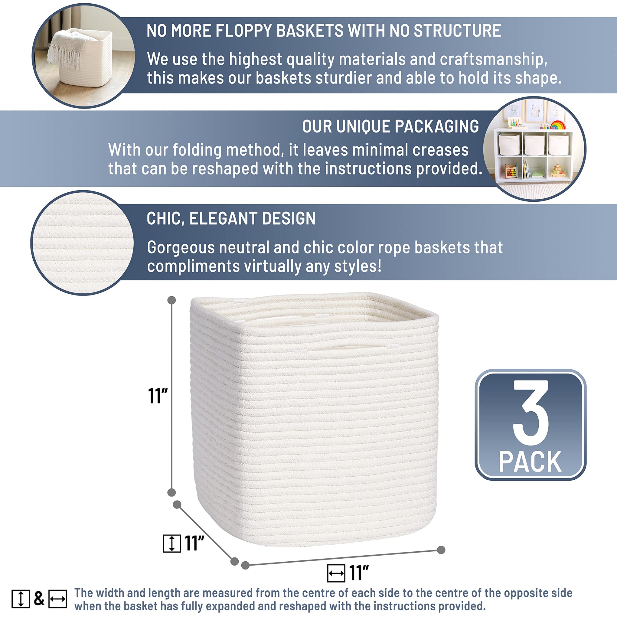 Storage Cubes 11 Inch Cotton Rope Woven Baskets for Organizing (3 Count)