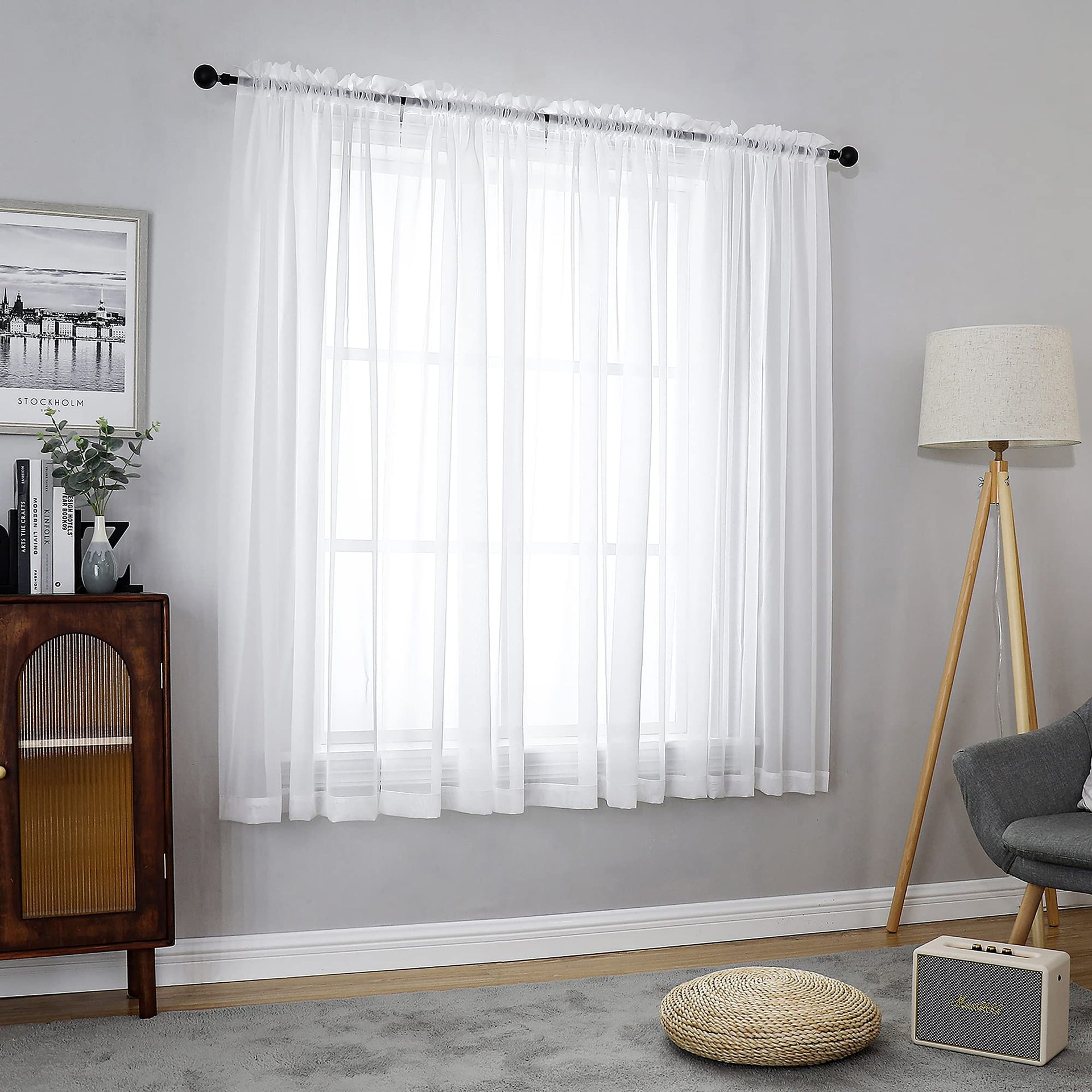 White Sheer Curtains 63 Inch Length 2 Panels