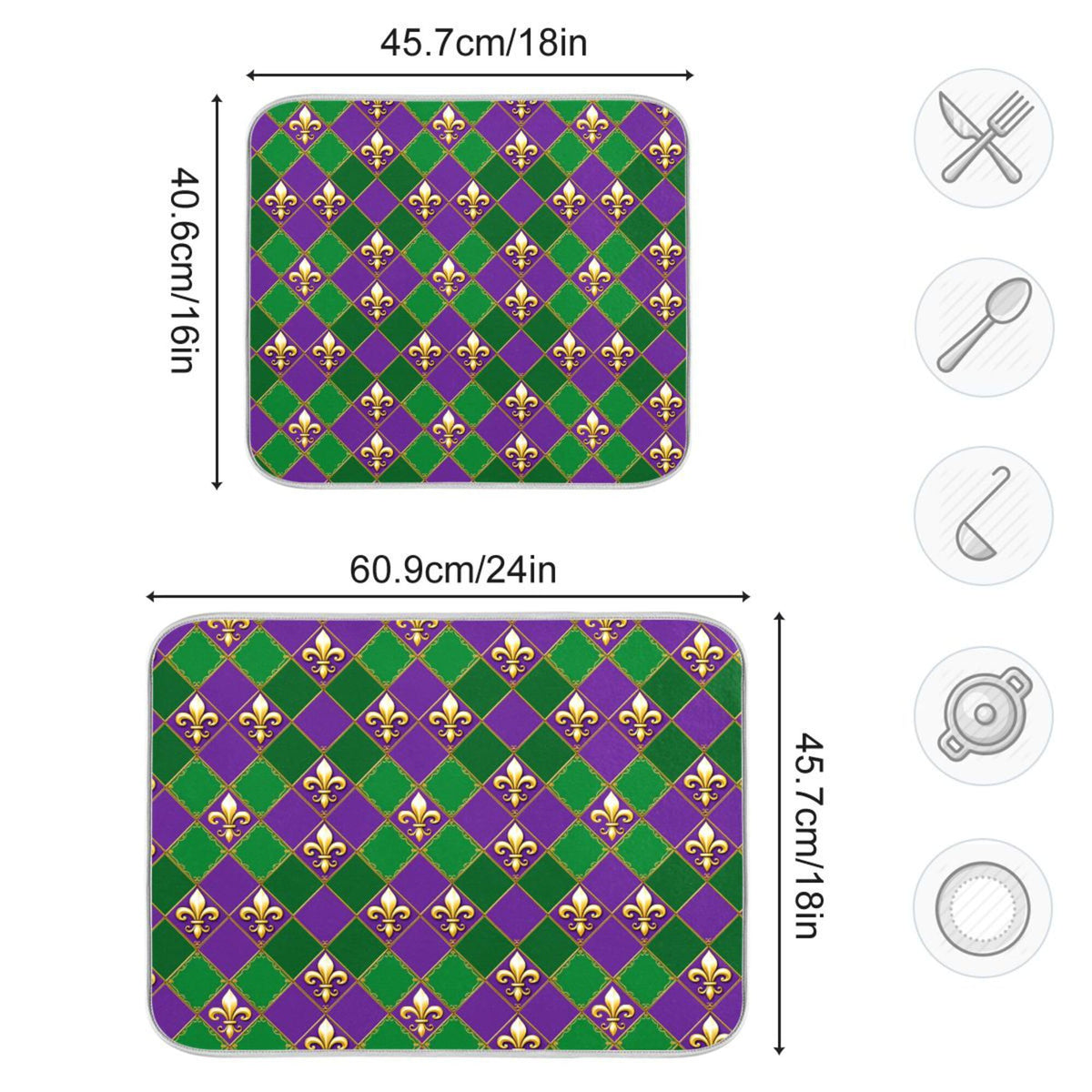 Happy Mardi Gras Purple Green Dish Drying Mat for Kitchen Countertop 16x18 Fleur de Lis Buffalo Plaid Small Drying Mat Reusable Quick Dry Dish Sink Mats Easy Clean Decorative Essentials