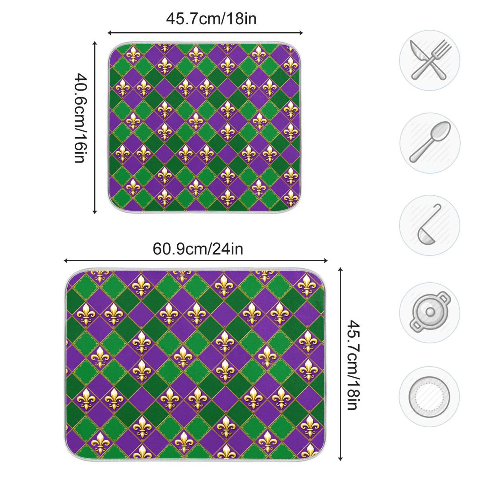 Happy Mardi Gras Purple Green Dish Drying Mat for Kitchen Countertop 16x18 Fleur de Lis Buffalo Plaid Small Drying Mat Reusable Quick Dry Dish Sink Mats Easy Clean Decorative Essentials