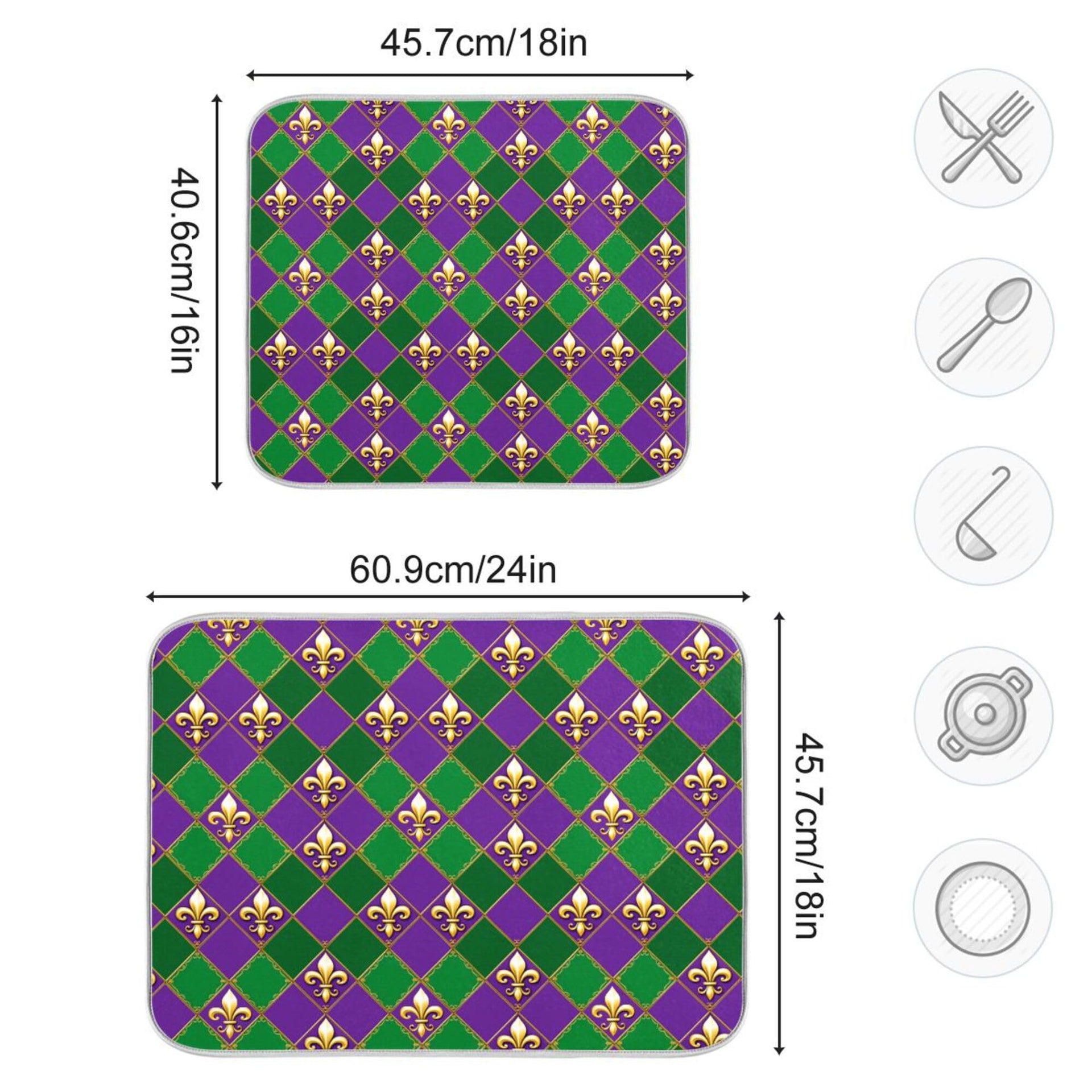 Happy Mardi Gras Purple Green Dish Drying Mat for Kitchen Countertop 18x24 Fleur de Lis Buffalo Plaid Large Drying Mat Reusable Quick Dry Dish Sink Mats Easy Clean Decorative Essentials