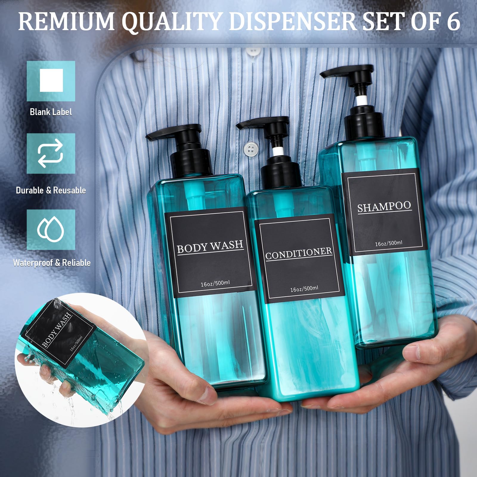 6 Pieces Shampoo and Conditioner Dispenser Bottles 16oz Modern Shower Soap Bottles with Pump (6 Count)