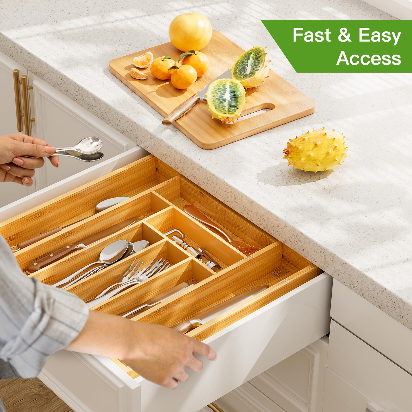 Bamboo Expandable Drawer Organizer for Utensils Holder