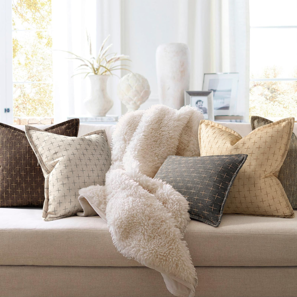 Pillow Covers 22x22 Set of 2 Soft Polyester Textured Pillow Covers with Stylish Flange Edge Cozy Farmhouse Throw Pillows for Couch Bed Sofa Living Room (2 Count)
