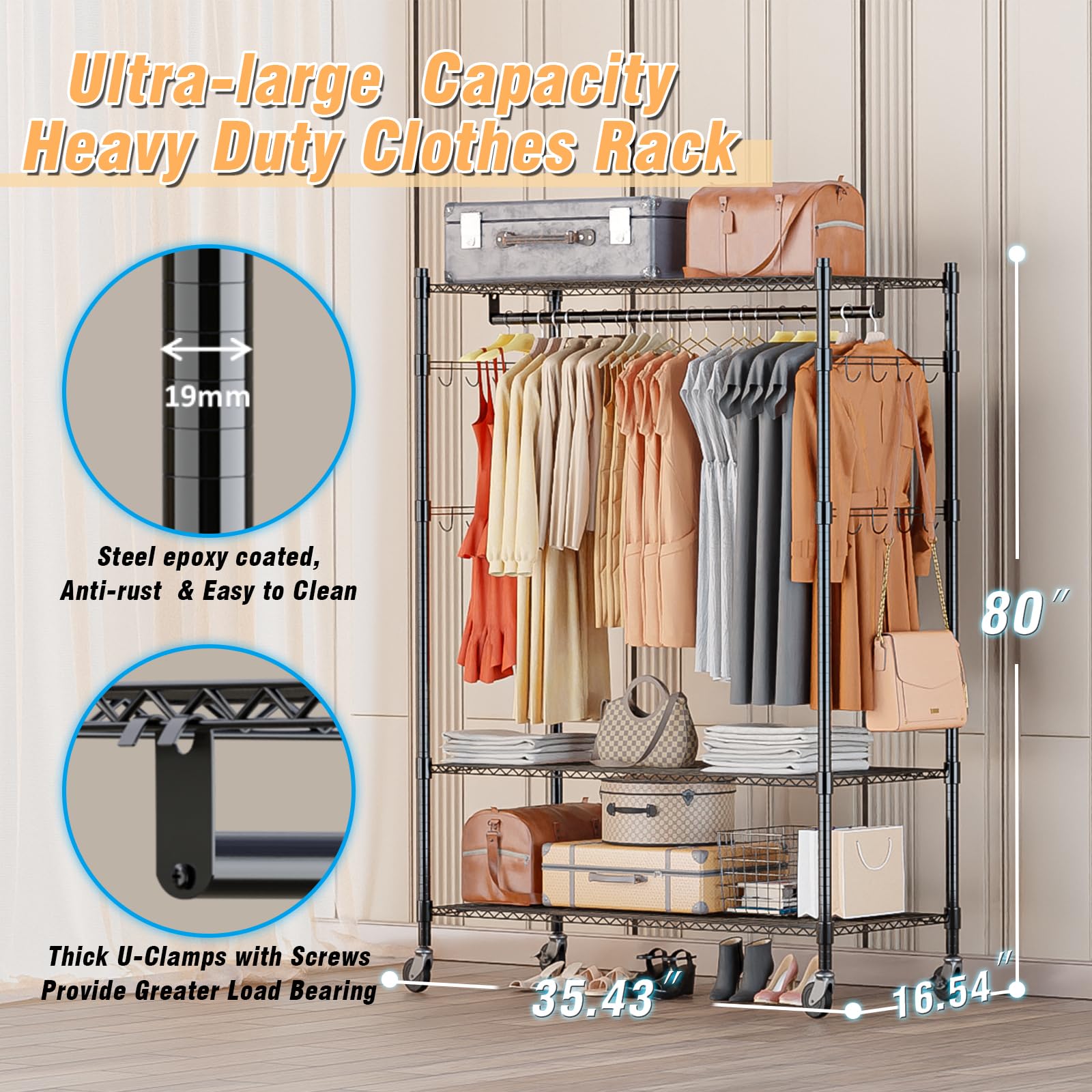 3 Tier Heavy Duty Garment Rack with Wheels