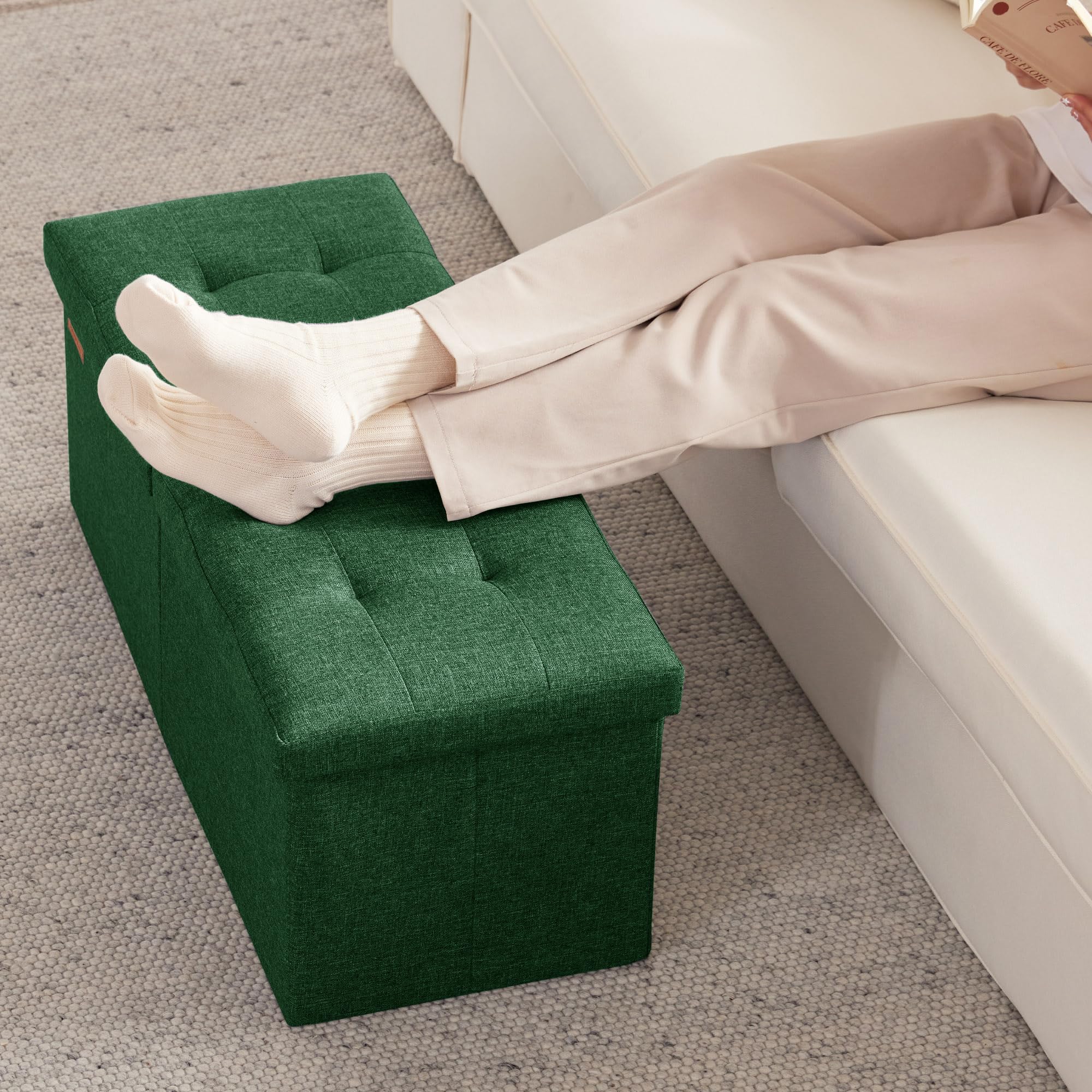 Ottoman with Storage Bench Folding Foot Rest Stool Linen Green