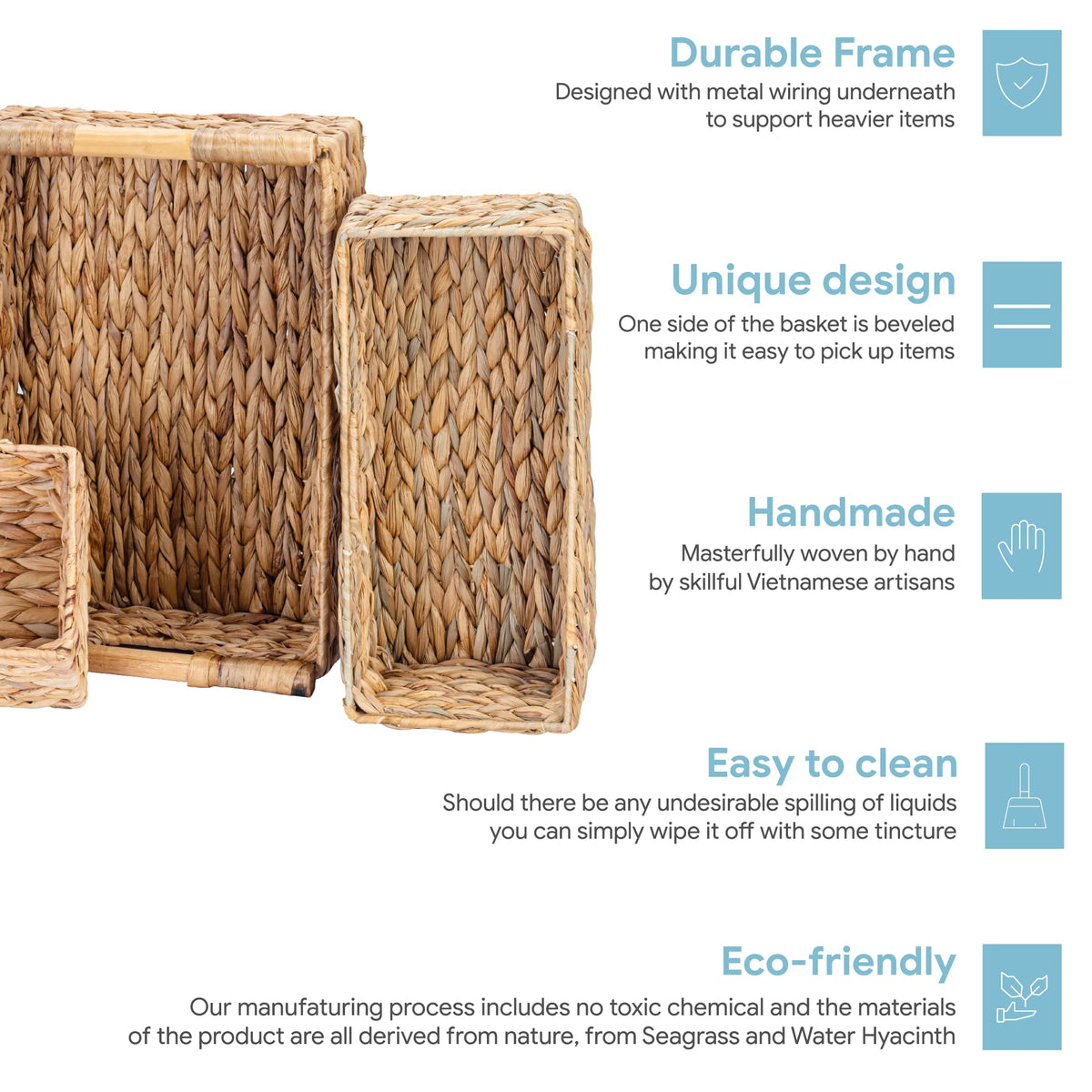 Large Water Hyacinth Storage Baskets for Organizing with Wooden Handles for Shelves (3 Count)