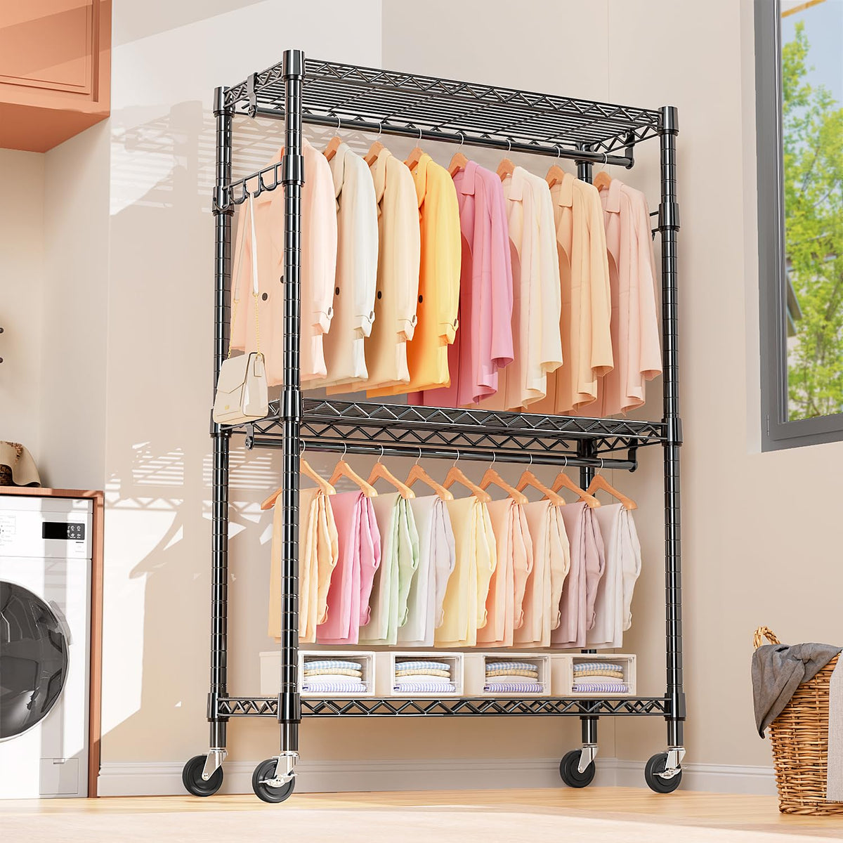 Heavy Duty Rolling Garment Rack 3 Tiers Adjustable Wire Shelving Clothes Rack with 2 Rods and Side Hooks